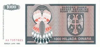 Bosnia and Herzegovina 1.000 Dinara, 1992 reverse